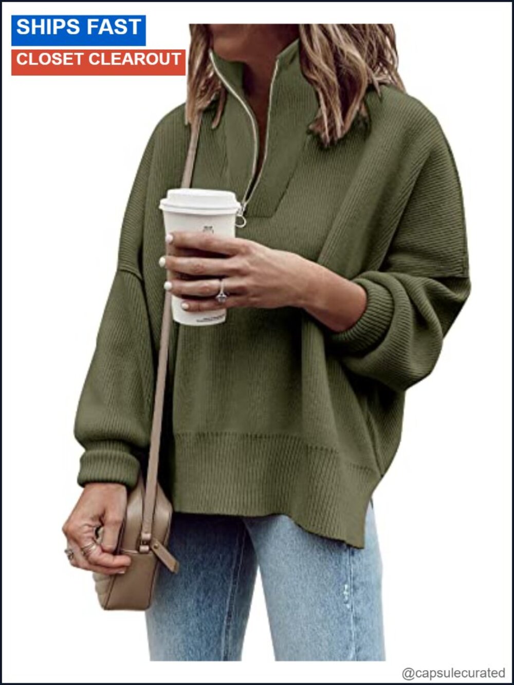 Womens Quarter Zip Pullover Sweater Oversized Loose Fit Tunic